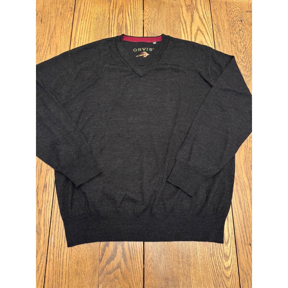 Orvis 100% Merino Wool V-Neck Sweater Mens XL Charcoal Gray Knit Casual Warm